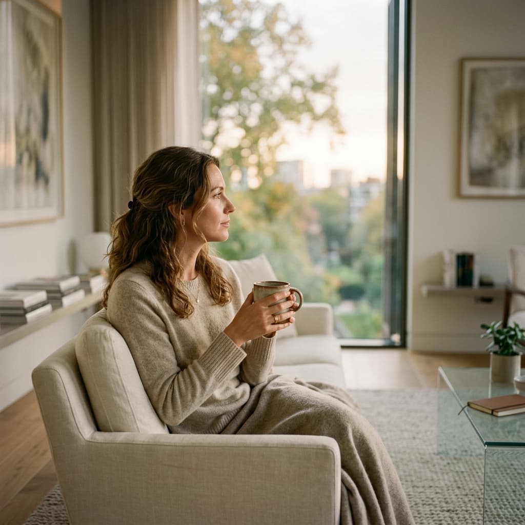 Planificación Personal — Una mujer reflexiva al lado de una ventana tomando café en calma